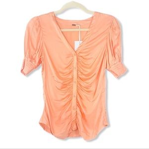 Young Fabulous and Broke ruched button up bubble sleeve blouse pastel peach